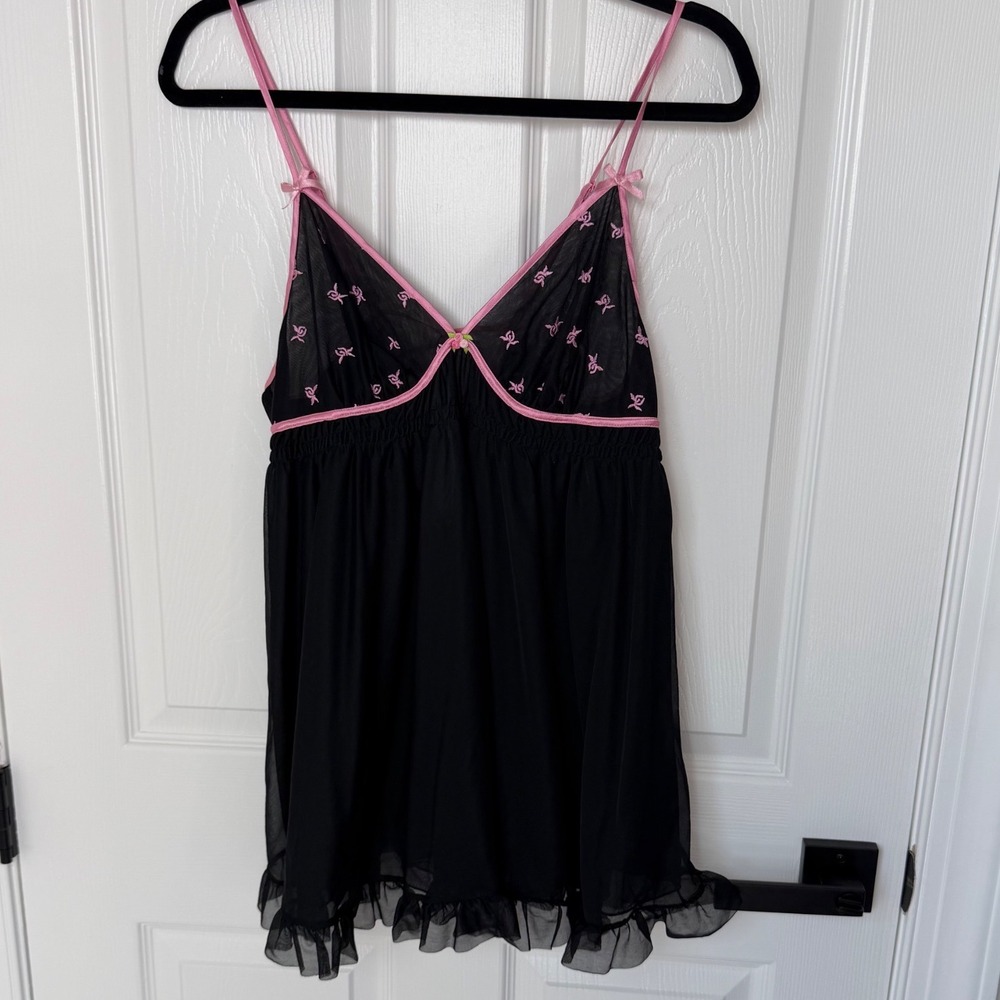 Betsey Johnson Intimates Black Pink Mesh Babydoll Chemise Floral Ruffle Medium